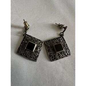 VTG sterling 925 Marcasite & Inlay Onyx Pierce Filigree Teardrop Earrings E9